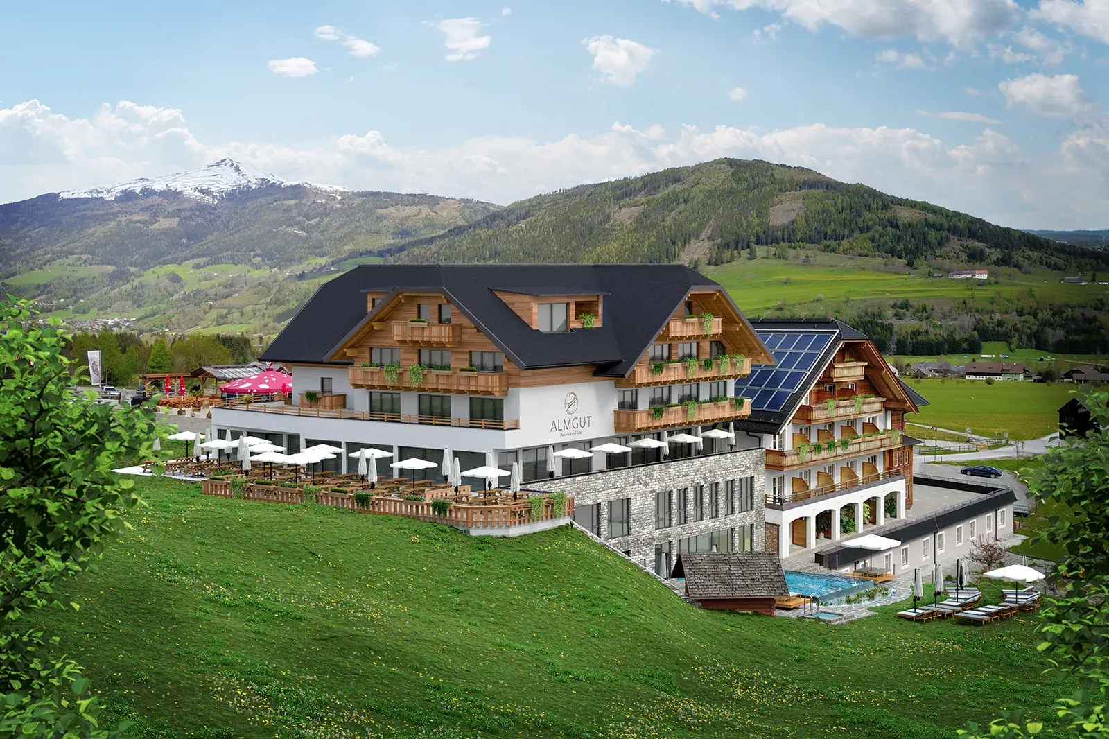 ALMGUT Mountain Wellness Hotel — pool area visualization with mountain view