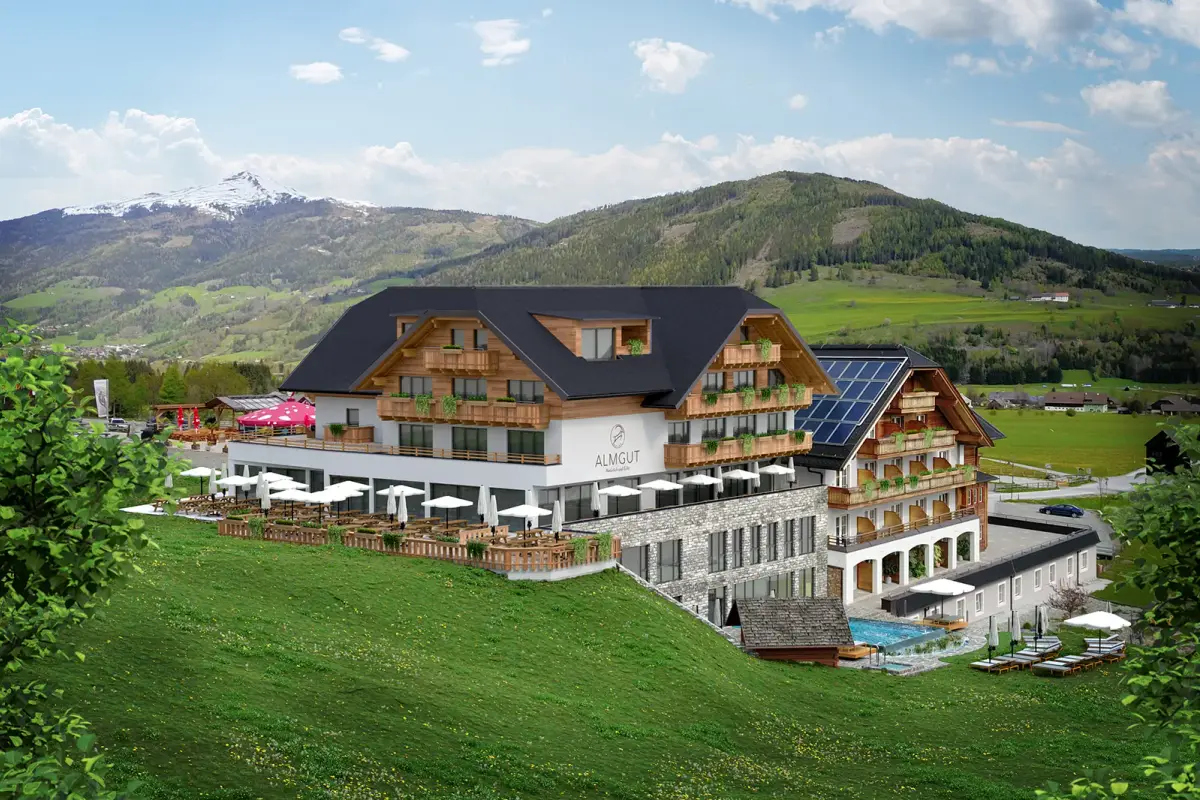 ALMGUT Mountain Wellness Hotel — Poolbereich-Visualisierung mit Bergblick