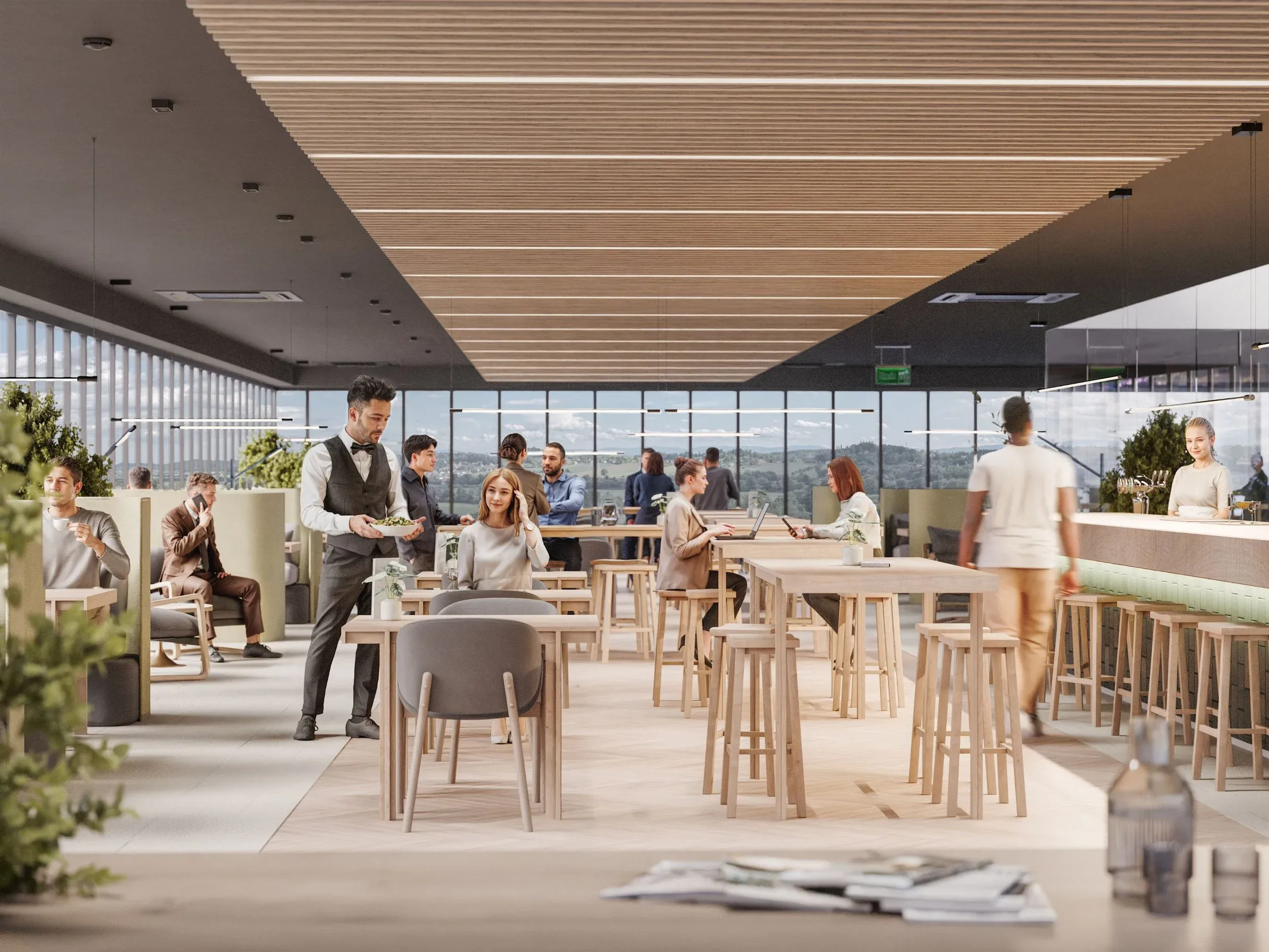 Interior rendering Business Tower Styria — gastronomy area for Immovate, 3D visualization