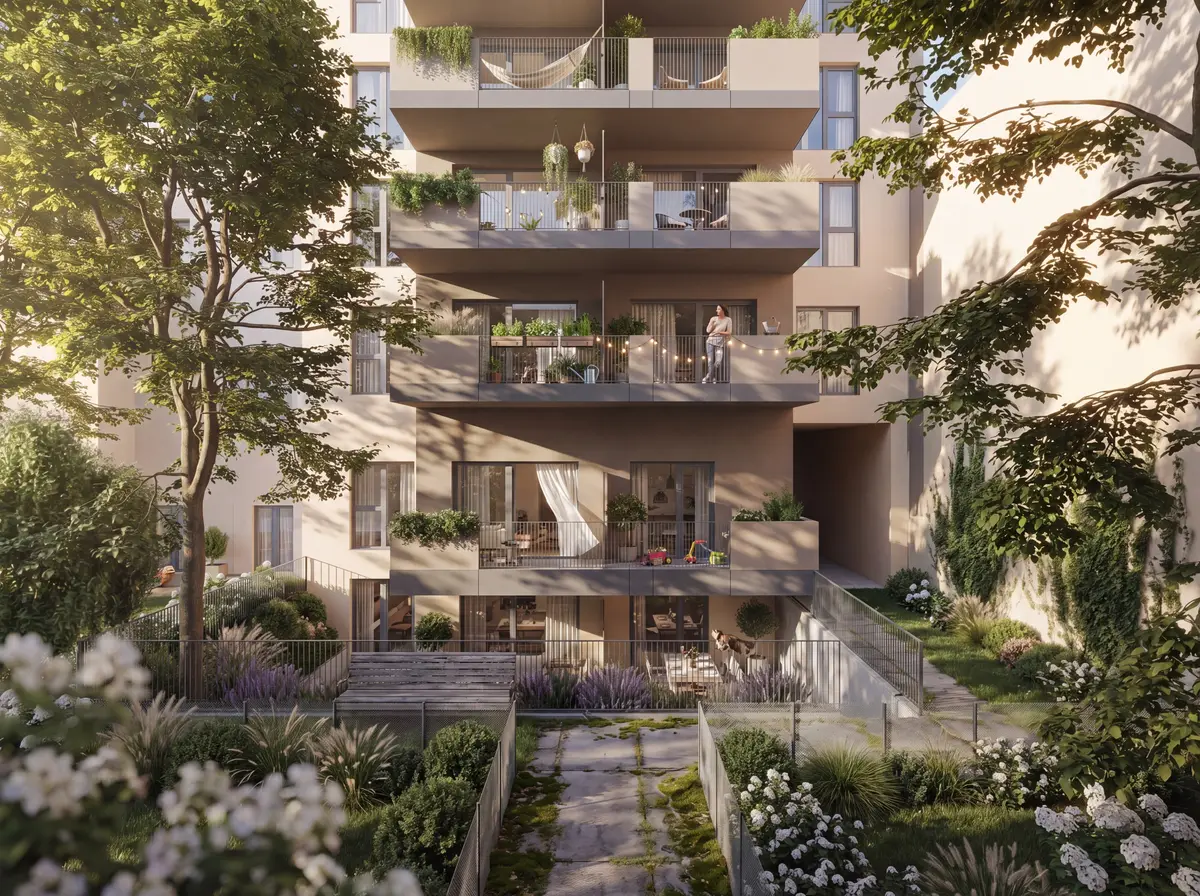 Anton-Störck-Gasse 88 — green inner courtyard with balconies and terraces 3D visualisation