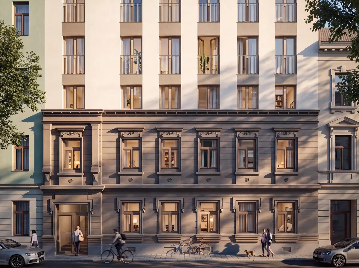 Anton-Störck-Gasse 88 — street façade with restored period base 3D visualisation