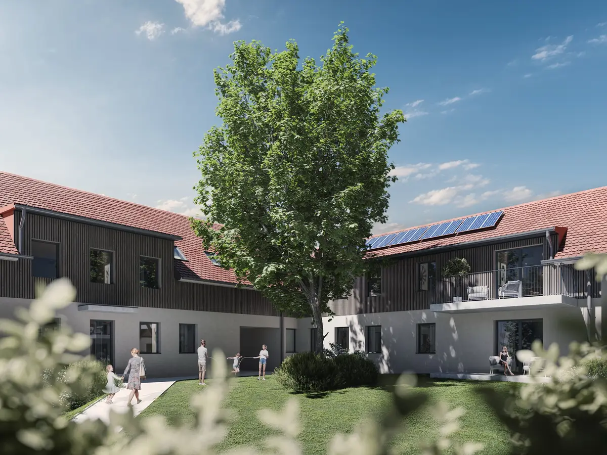 Wohnbau Lannach — Innenhof mit Grünfläche 3D Visualisierung