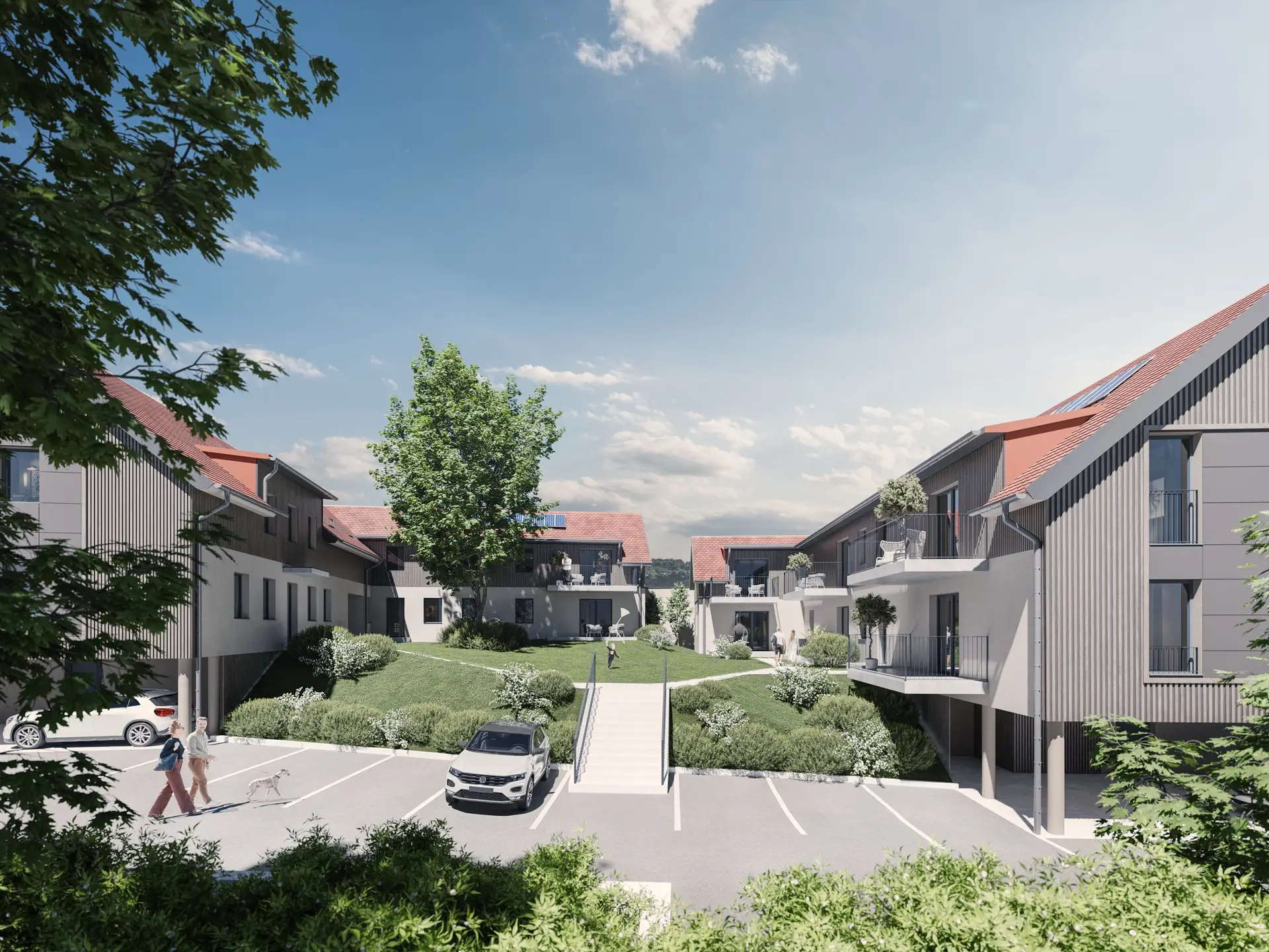 3D Visualisierung Wohnbauprojekt Lannach — Innenhof mit Parkplatz, Daheim Immobiliengruppe