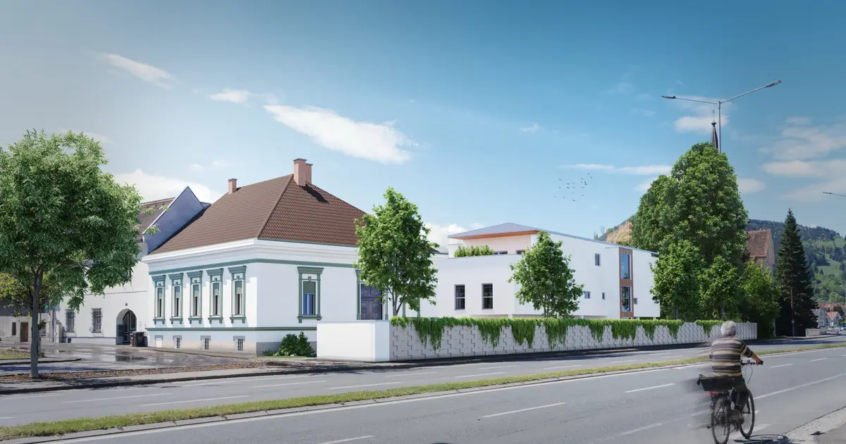 Massenbergstraße Leoben — Straßenansicht Neubau und Villa