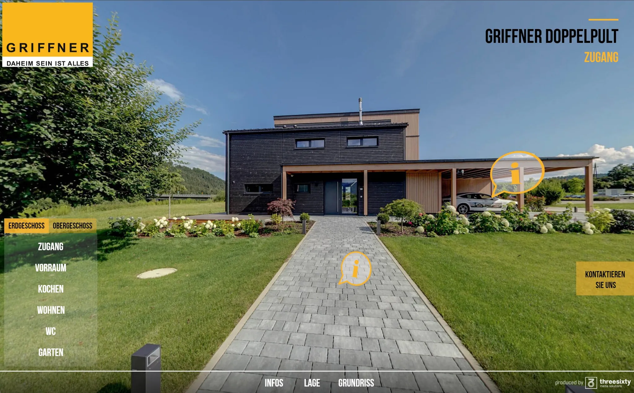 Griffner Doppelpult — interaktive 360°-Tour, Außenansicht mit Hotspot-Navigation und Etagenwahl