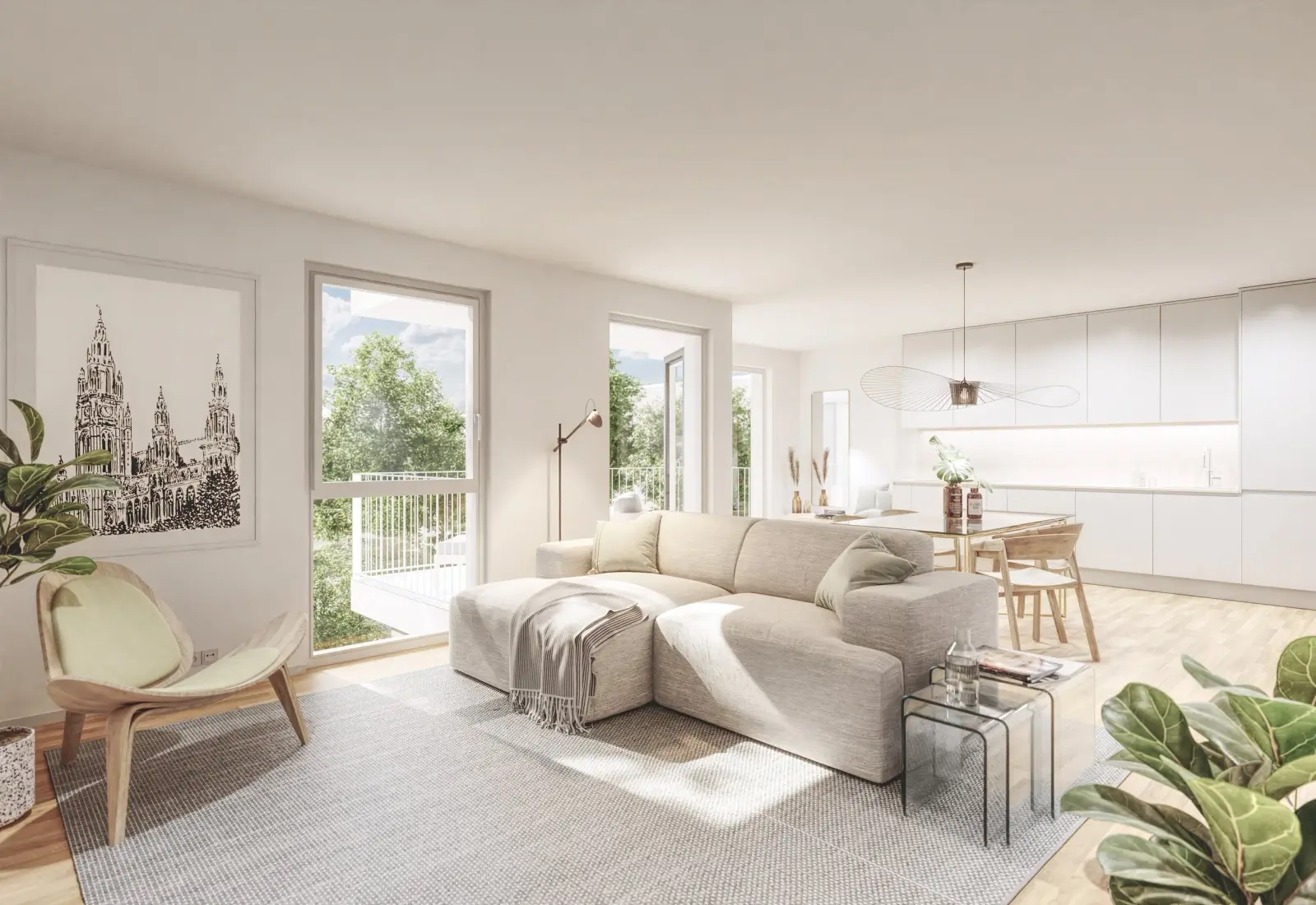 Fotorealistisches Innenraum-Rendering eines Wohnraums mit offener Küche