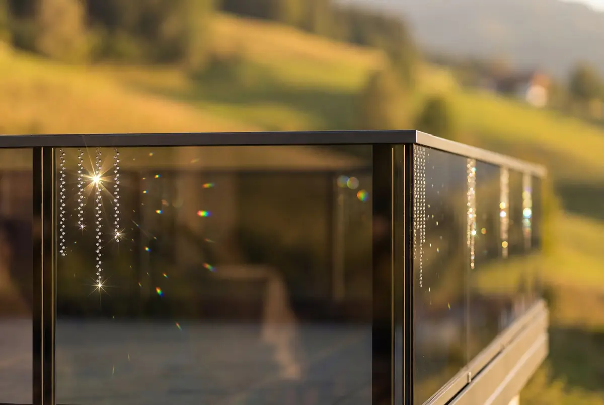 Leeb Balkone — Glasgeländer mit Kristalldekor, Eckansicht Produktvisualisierung