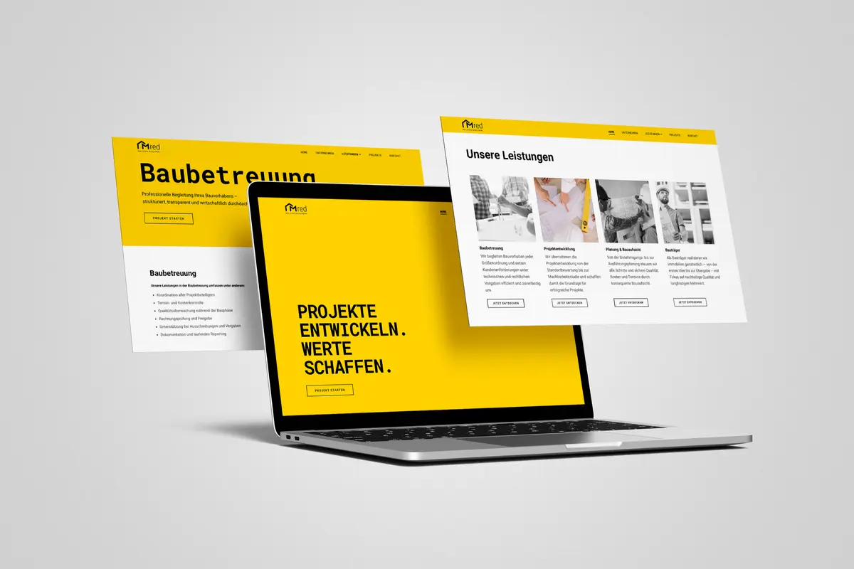 M RED — website mockup with homepage and services pages
