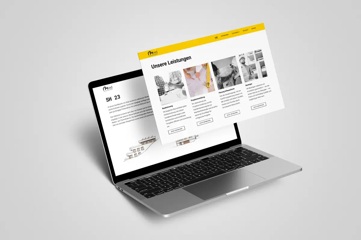 M RED — website mockup with the "SH 23" project page