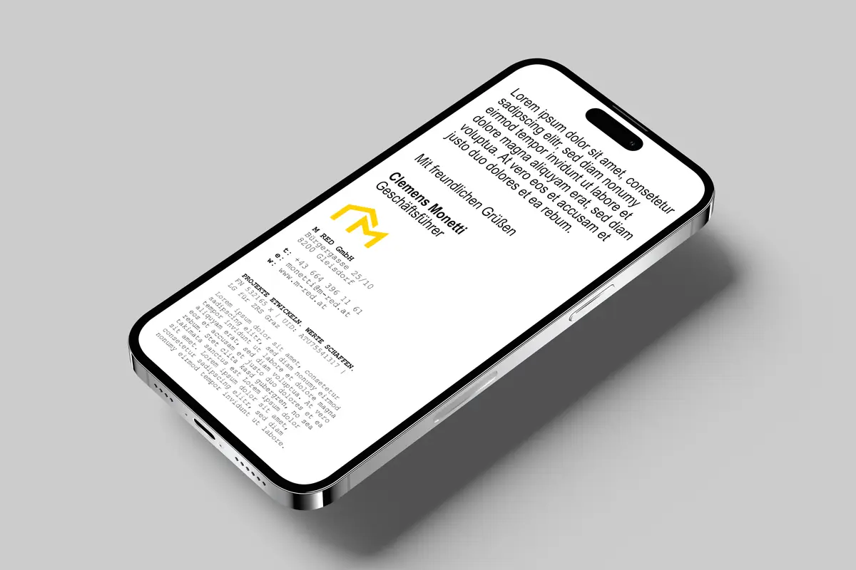 M RED — email signature on a smartphone