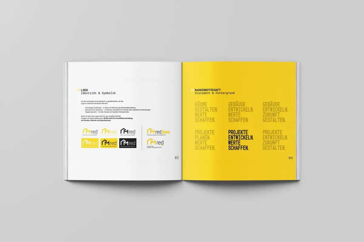 M RED — brand manual spreads covering logo and brand statement