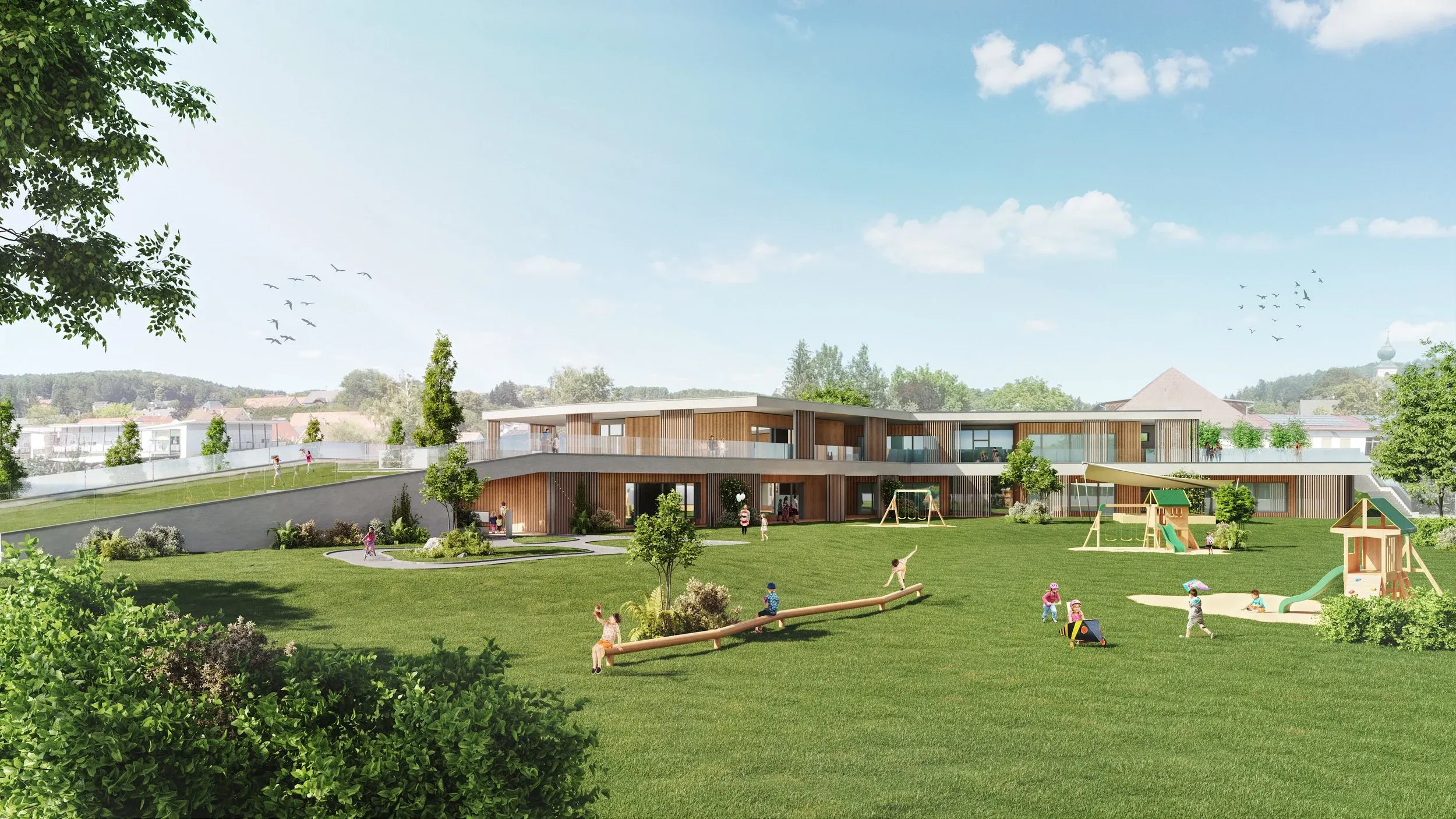 Kindergarten Markt Hartmannsdorf Styria — exterior view with play area 3D visualization