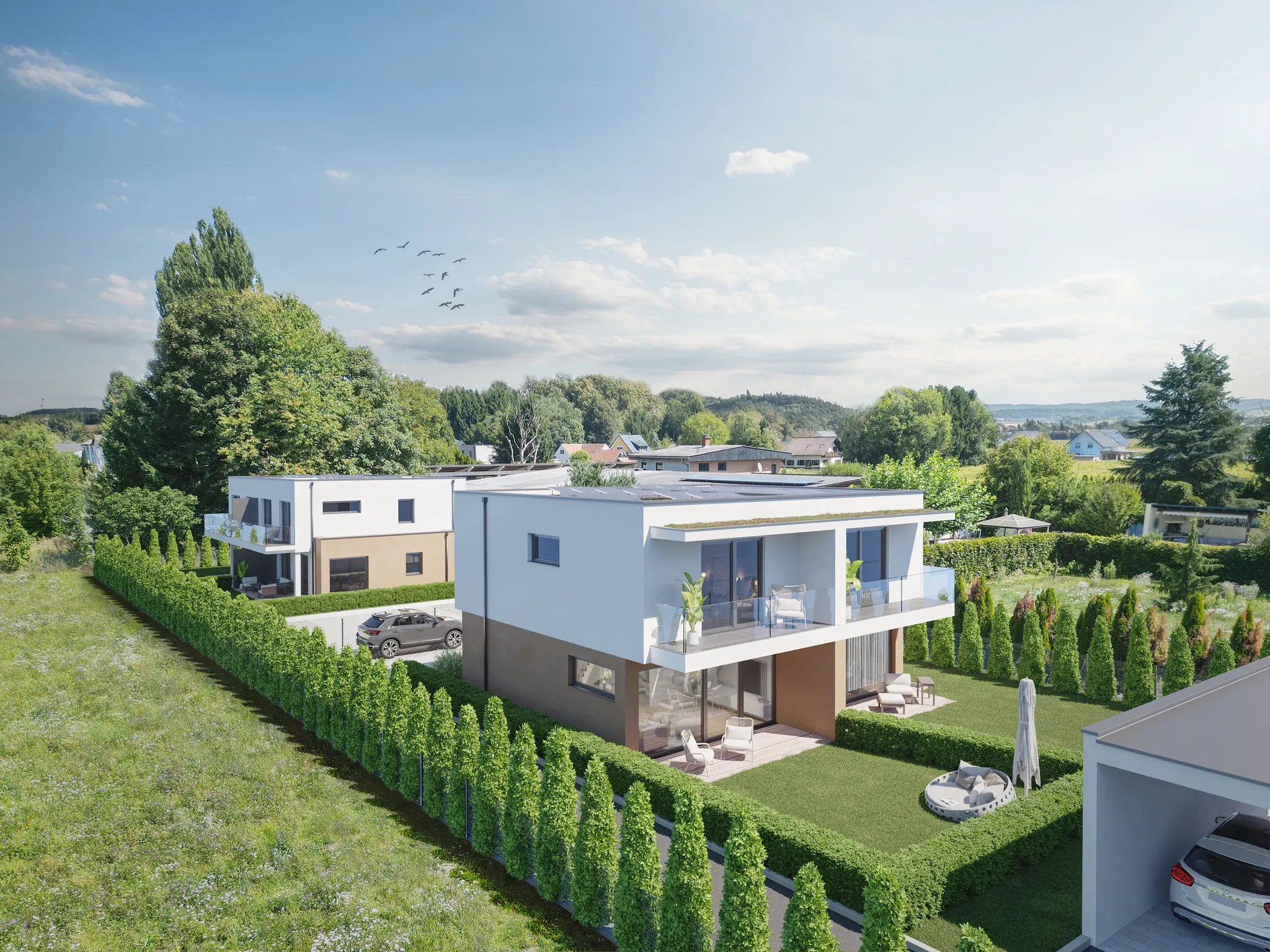Wohnanlage Straß Bauabschnitt 2 — Luftansicht 3D Visualisierung