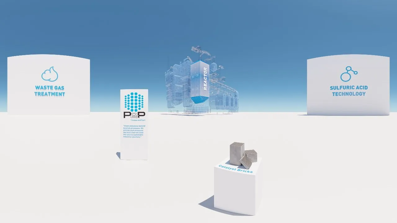 P&P Industries Catalysts VR — Reactor, Catalyst Bricks, Waste-Gas-Treatment and Sulfuric-Acid-Technology as a showroom scene