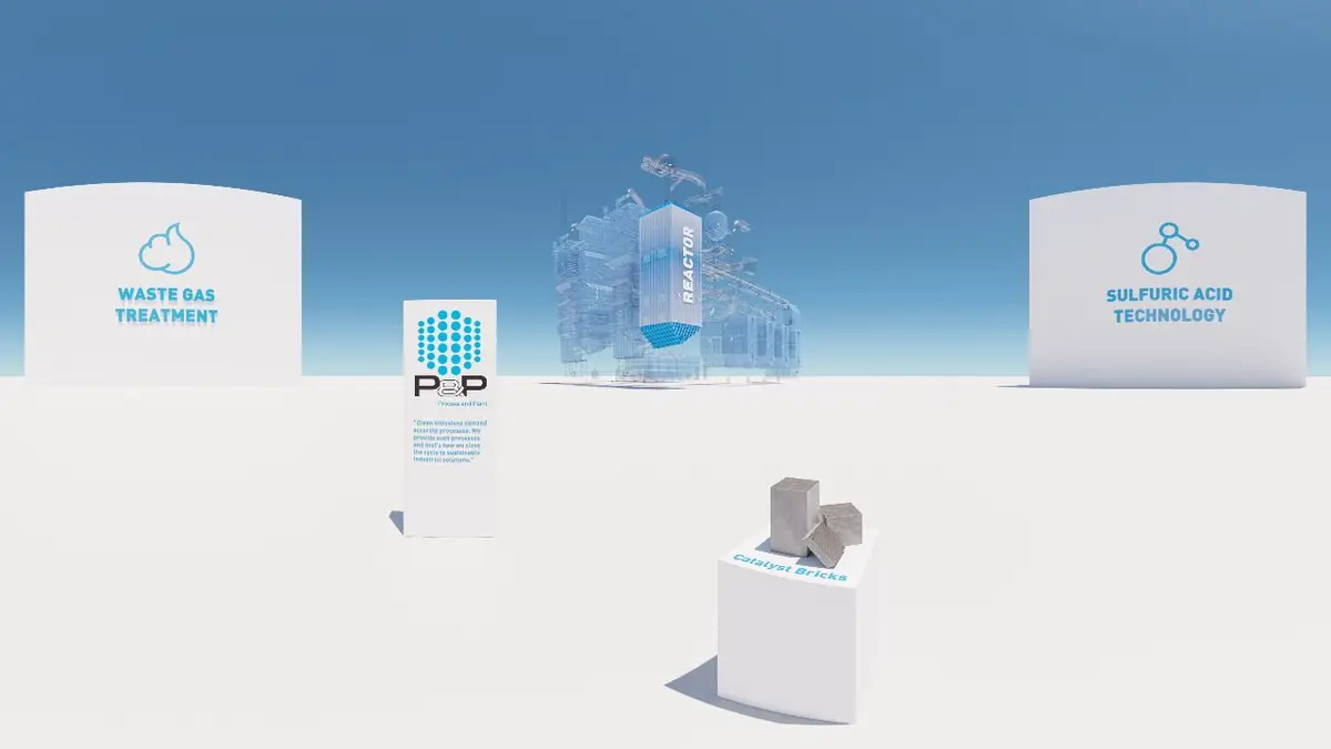 P&P Industries Catalysts VR — Reactor, Catalyst Bricks, Waste-Gas-Treatment and Sulfuric-Acid-Technology as a showroom scene