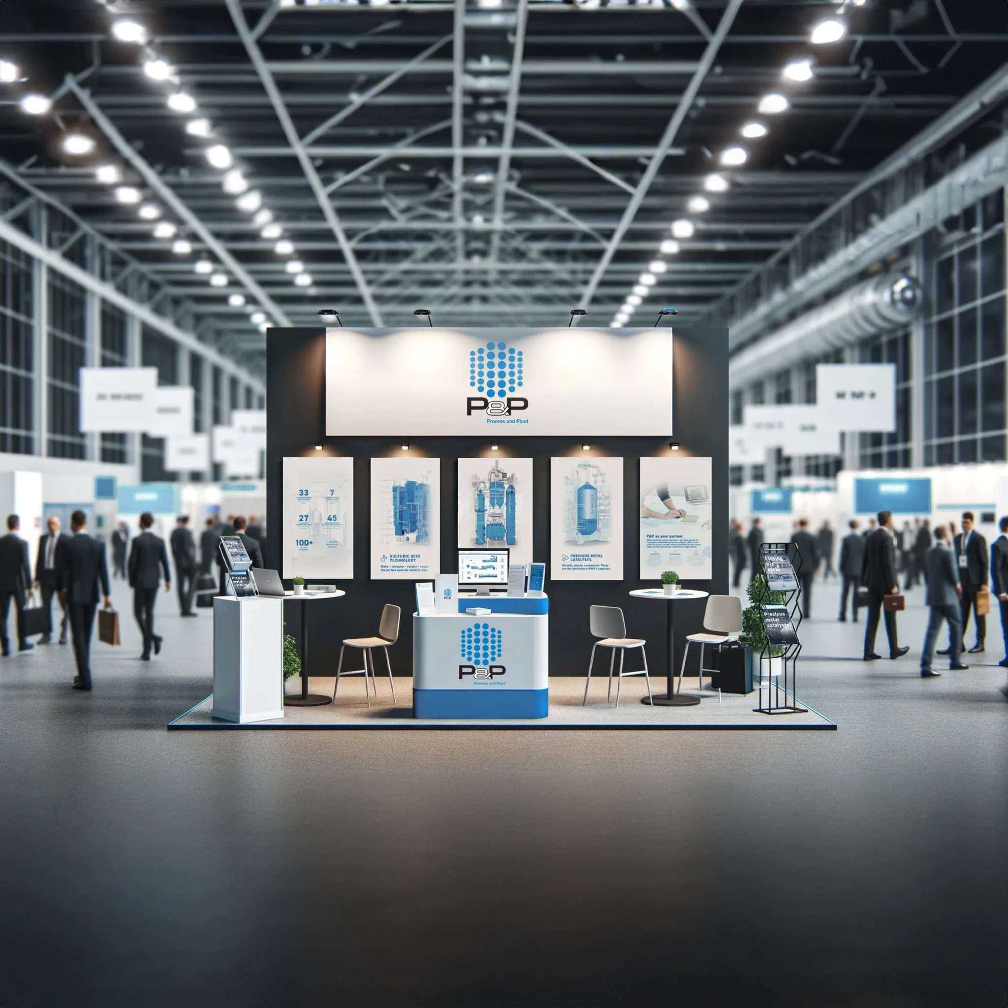 P&P Industries trade fair booth — photorealistic rendering in the exhibition hall