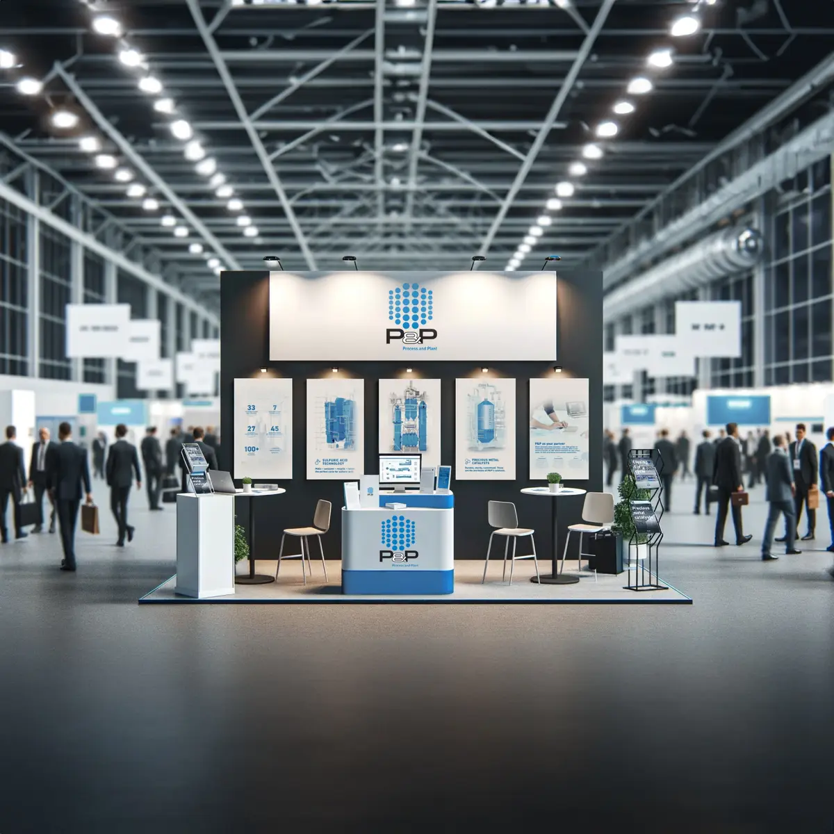 P&P Industries trade fair booth — photorealistic rendering in the exhibition hall
