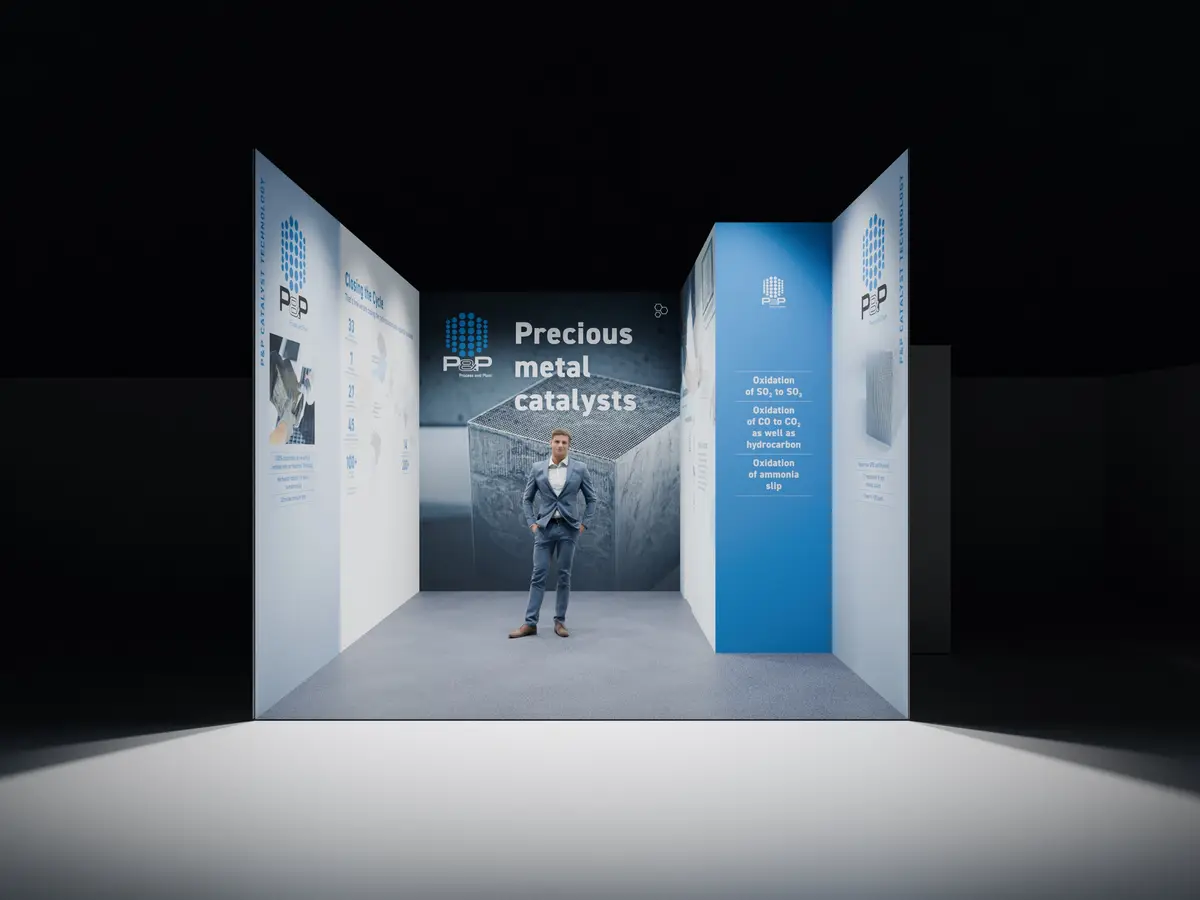 P&P Industries ACHEMA trade fair booth — front view rendering