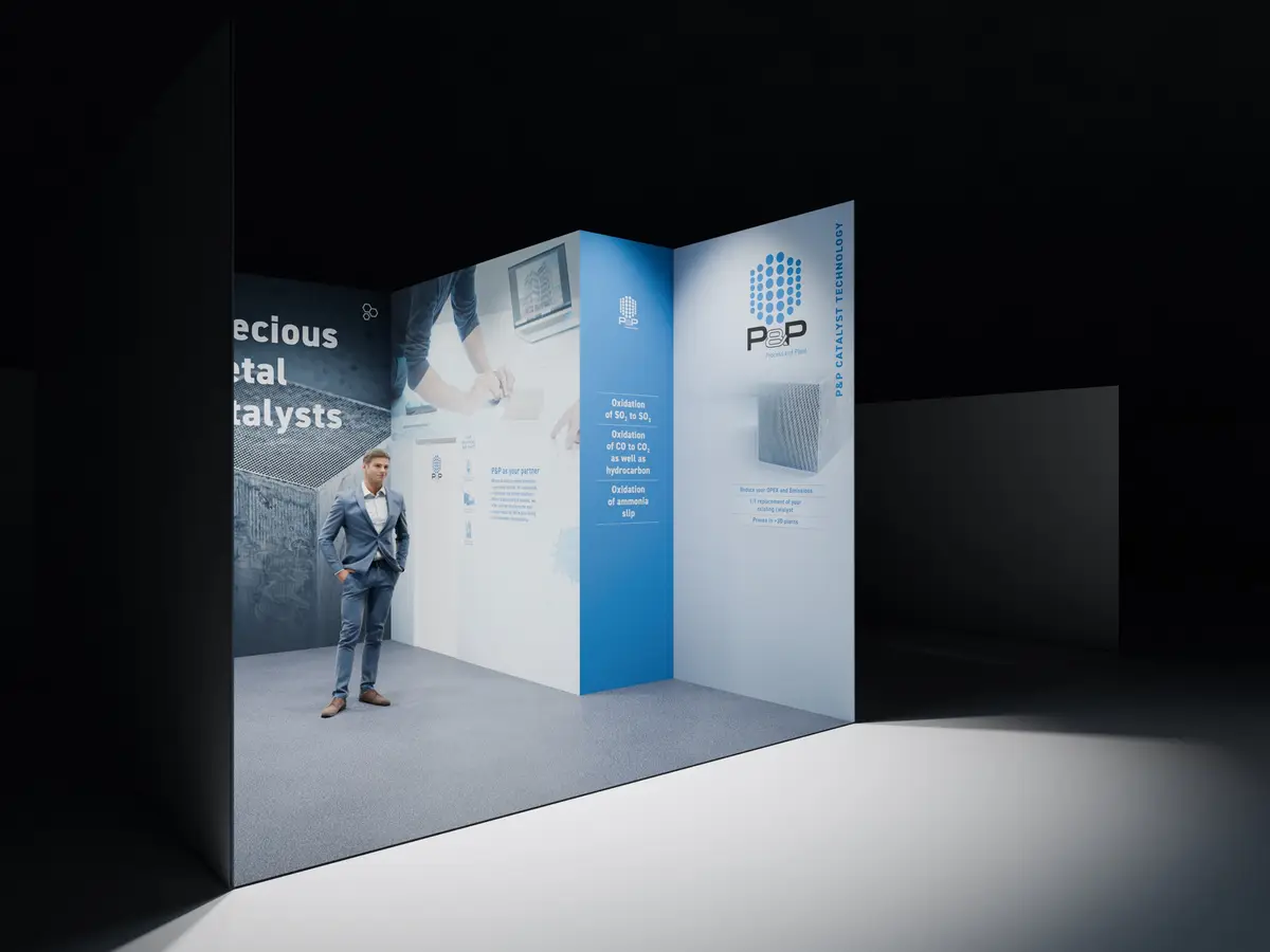 P&P Industries ACHEMA trade fair booth — Precious Metal Catalysts wall, rendering
