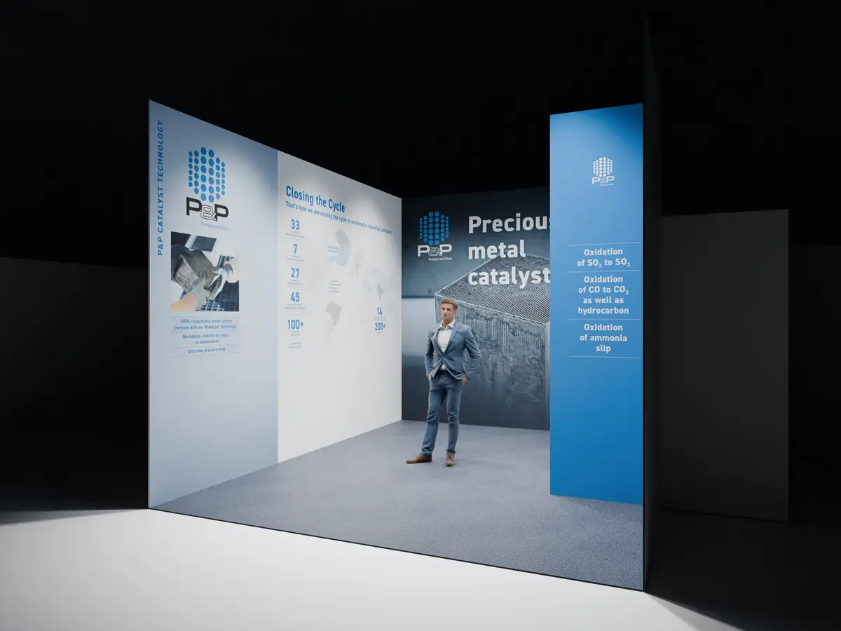 P&P Industries ACHEMA trade fair booth — Closing the Cycle wall, rendering