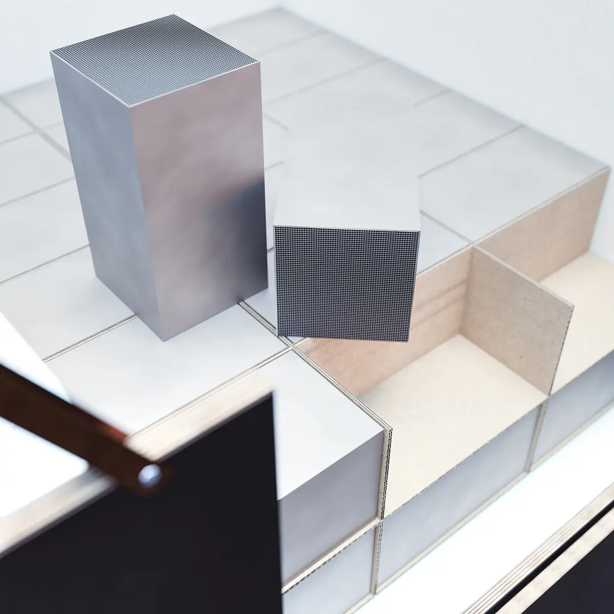 P&P Industries — catalyst bricks in the shipping crate with compartment layout, 3D rendering