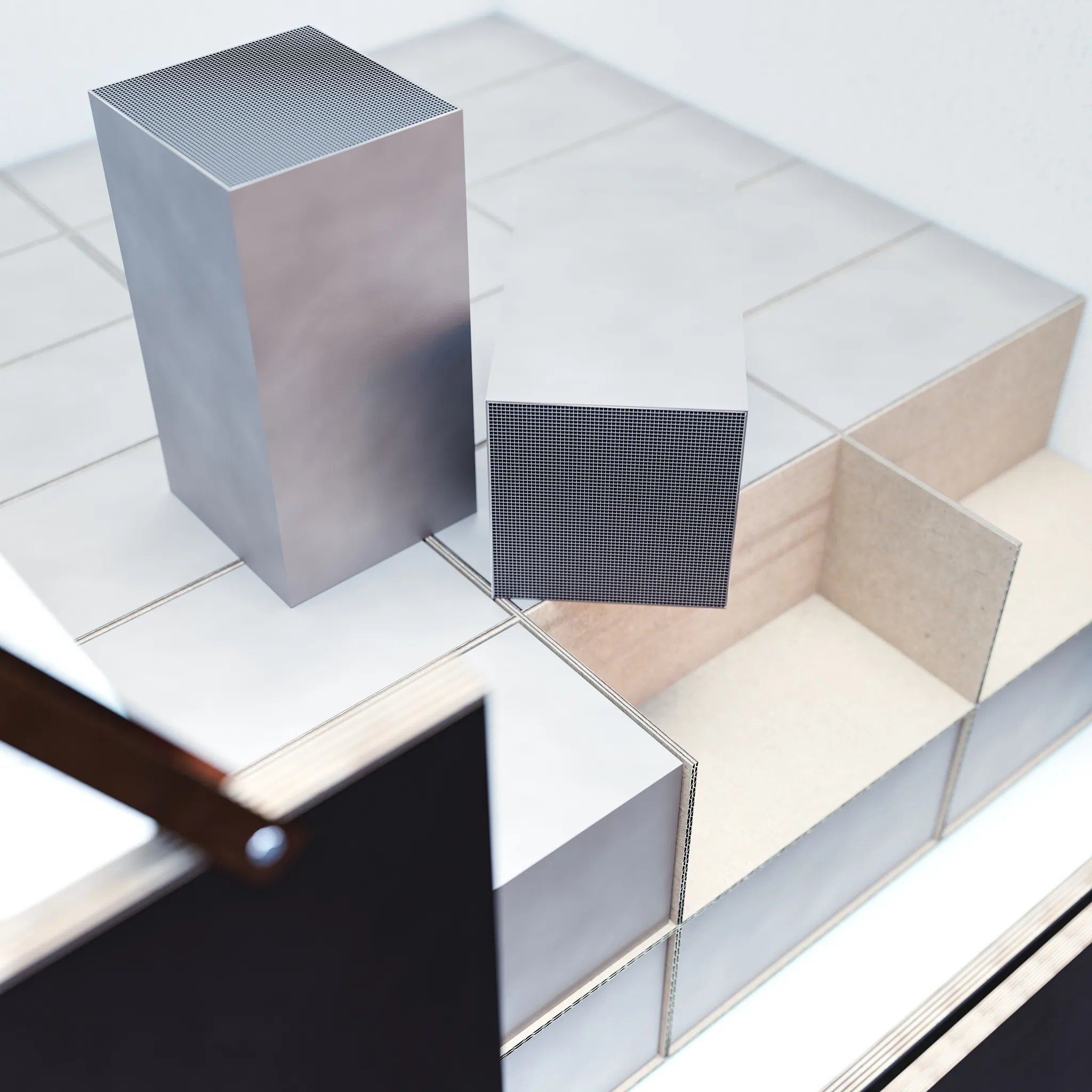 P&P Industries — catalyst bricks in the shipping crate with compartment layout, 3D rendering