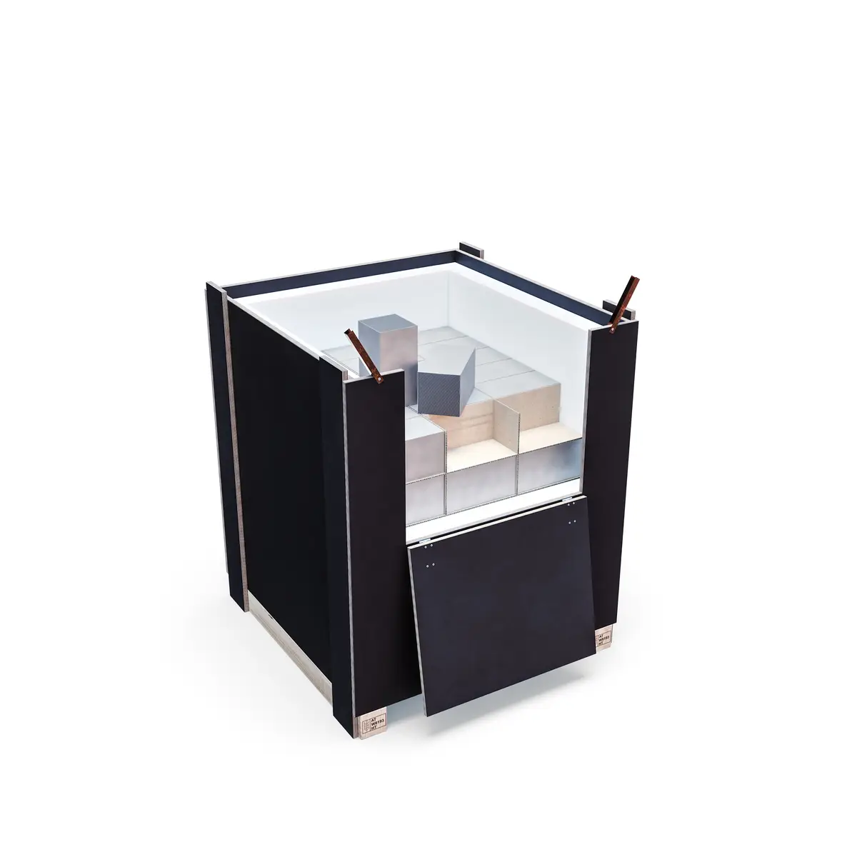 P&P Industries shipping crate — open, showing interior padding