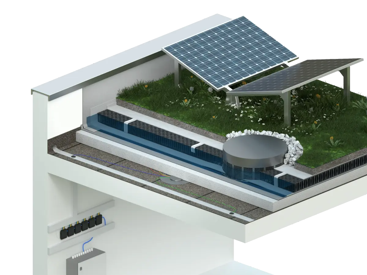 Allesdach detention roof — 3D cross-section with green roof and water retention