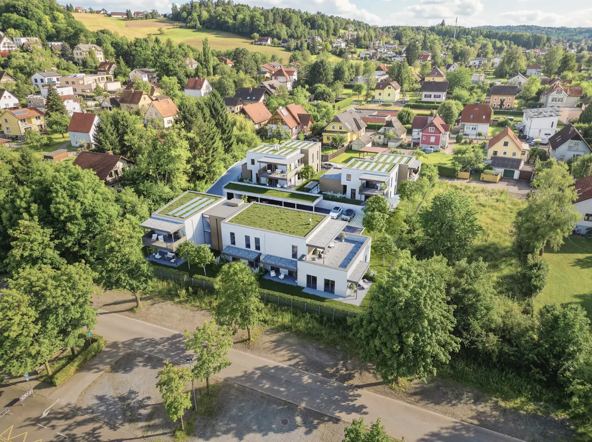 Richard-Pfluger-Gasse — Luftansicht Wohnanlage 3D Visualisierung