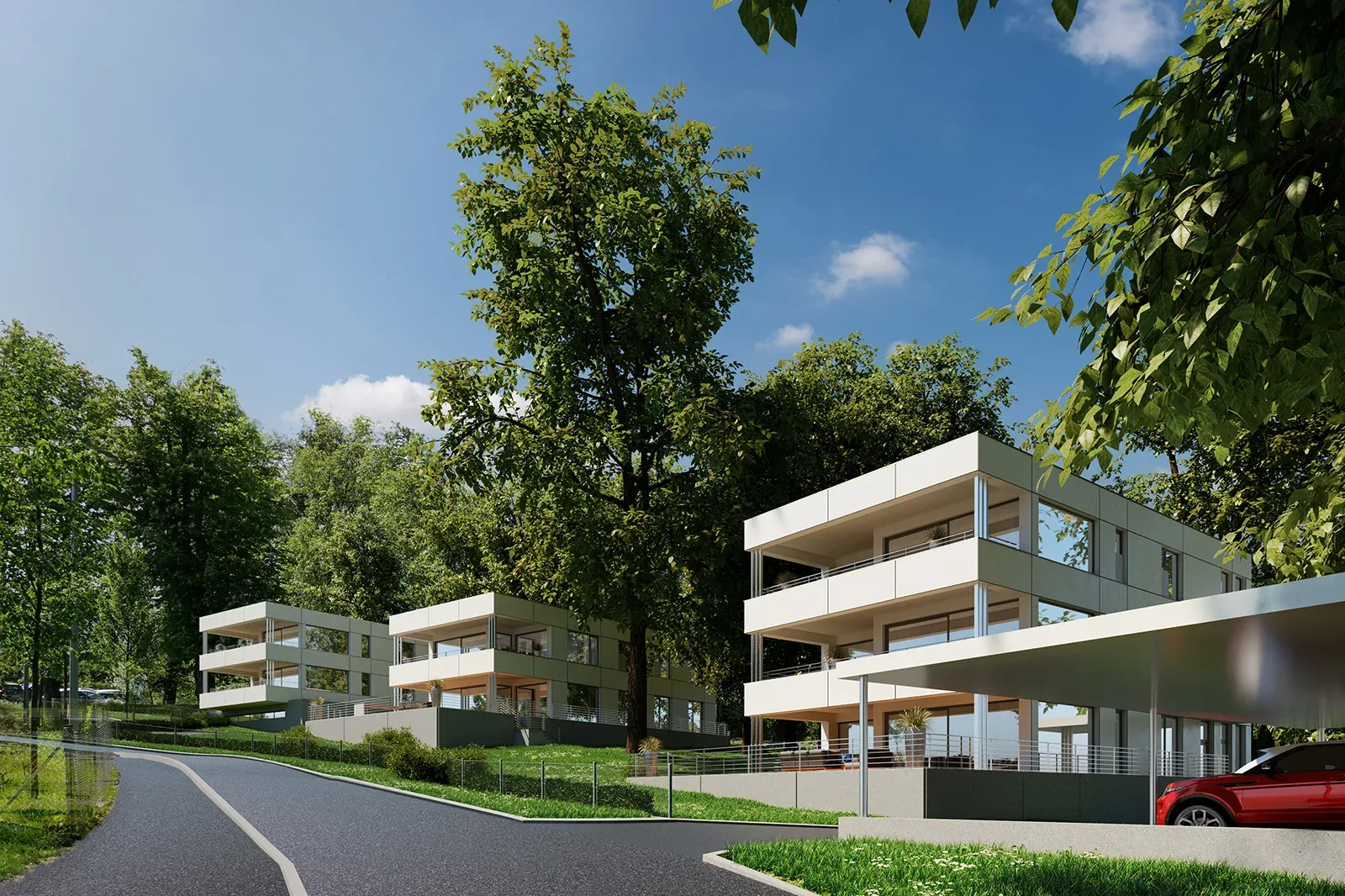 Schönbrunngasse Graz — Neubau-Visualisierung des Wohnzimmers mit moderner Innenarchitektur