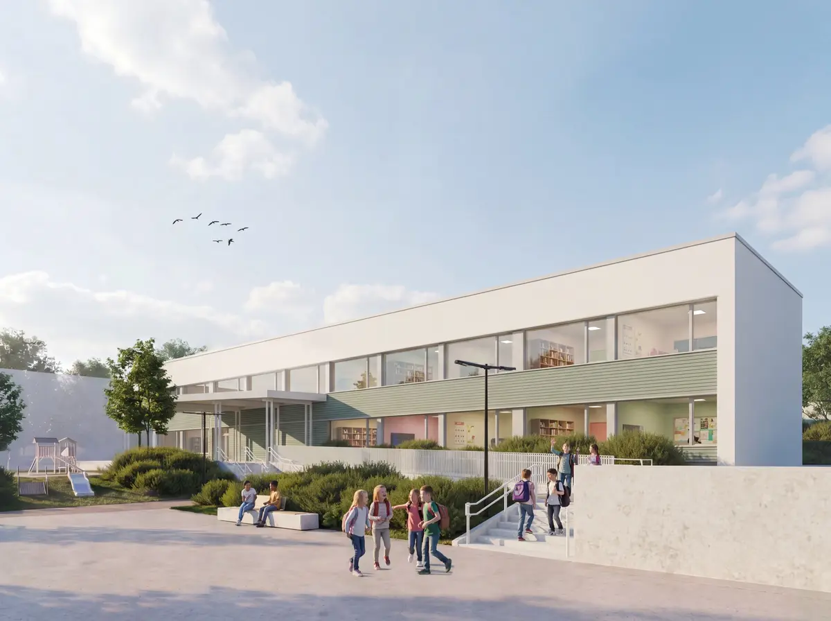 Schulzentrum Clemency Luxemburg — Hofansicht 3D Visualisierung