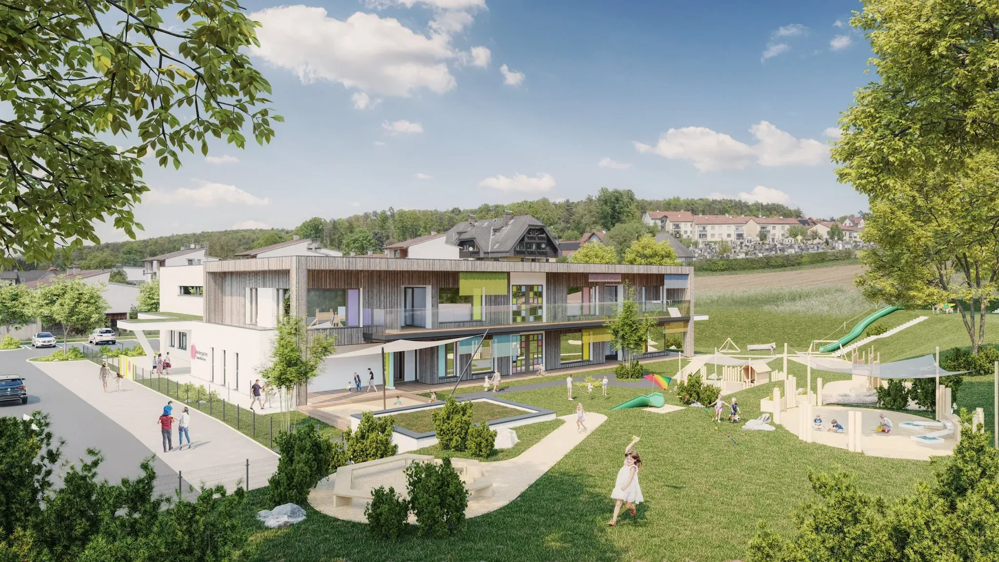 Kindergarten Sinabelkirchen Steiermark — Außenansicht 3D Visualisierung