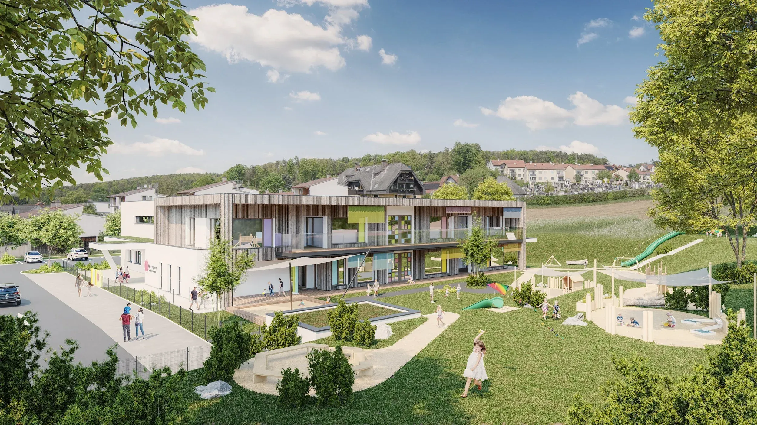 Kindergarten Sinabelkirchen Styria — competition entry exterior view 3D visualization