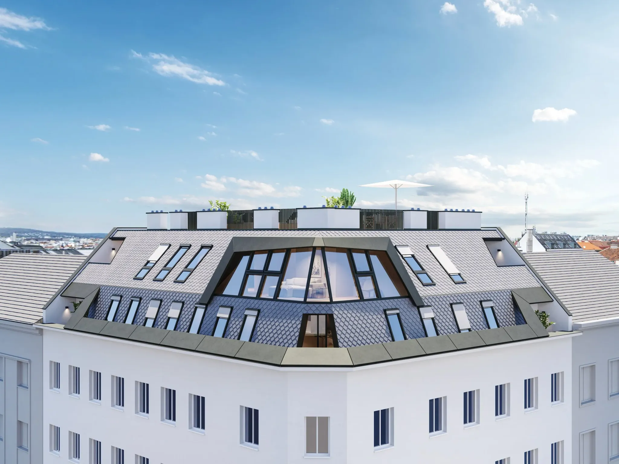 Spengergasse 14 Wien — Wohnbauprojekt Außenansicht 3D Visualisierung Dachgeschoss