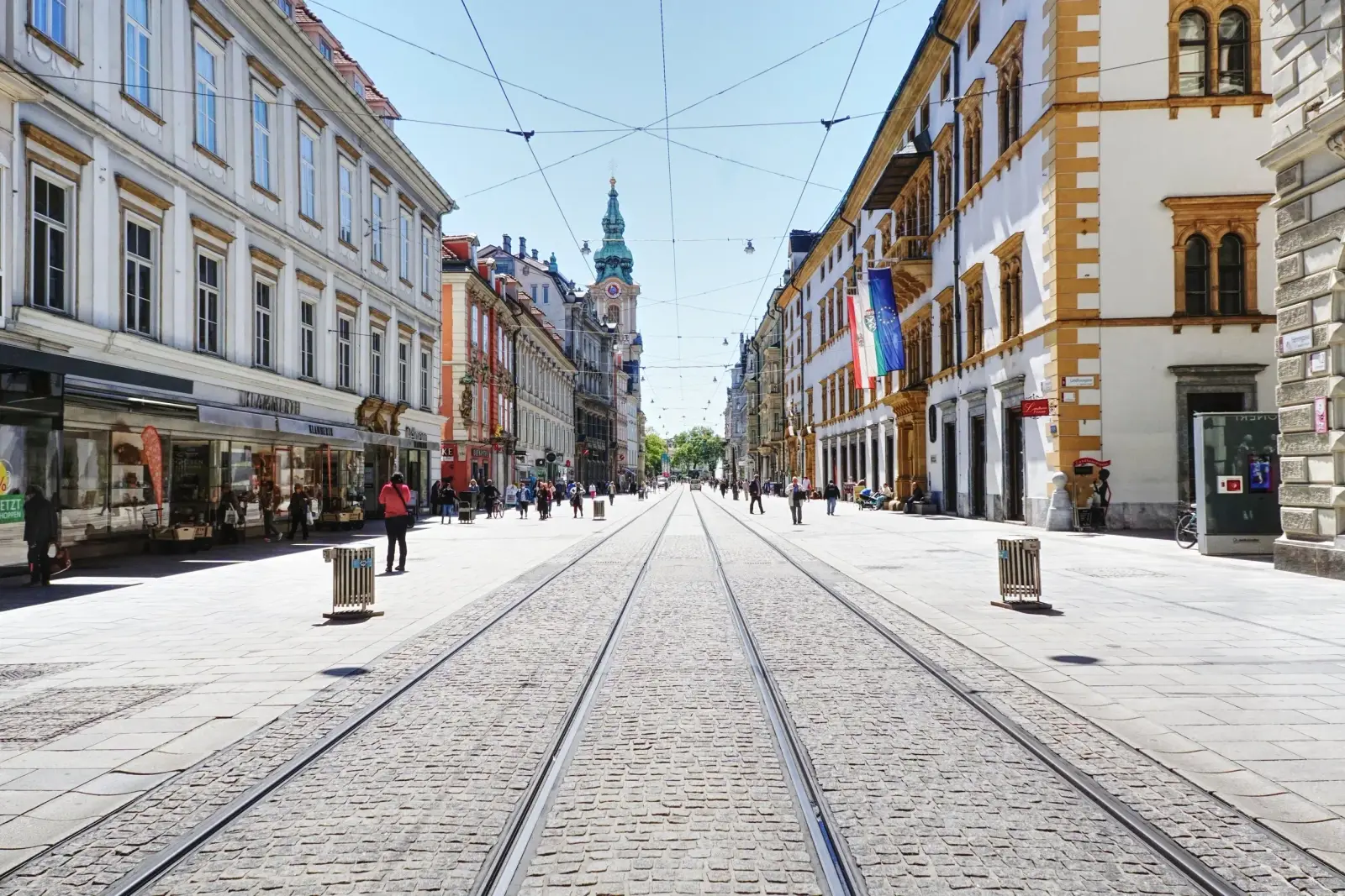 Herrengasse Graz today — tram tracks, little vegetation, dominated by street space